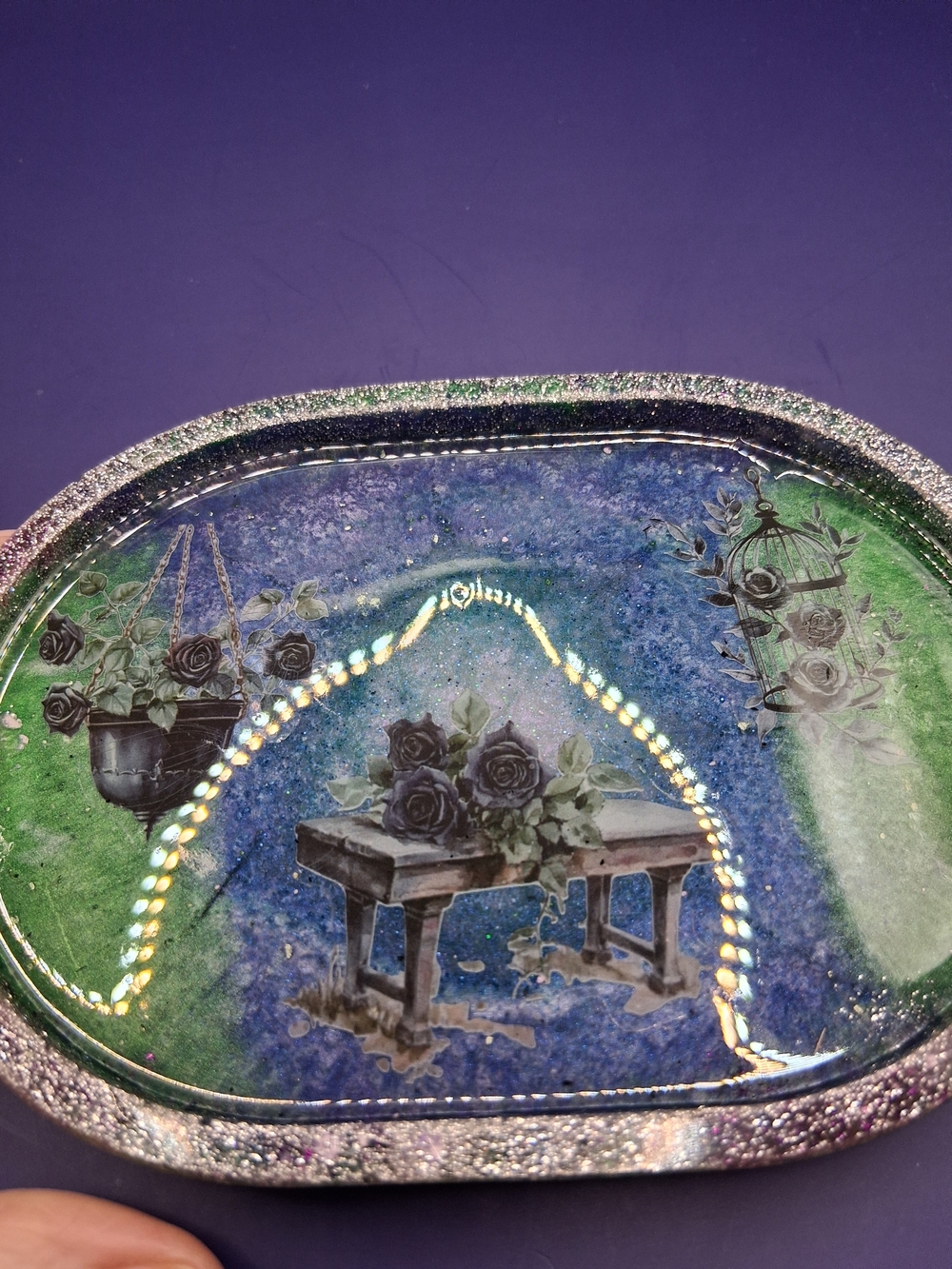 Handmade Resin Decorative Tray with Floral Motif - Blue & Green